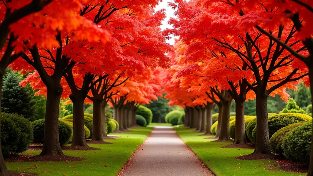 Seasonal view of maple trees with vibrant autumn foliage in a Japanese garden setting
