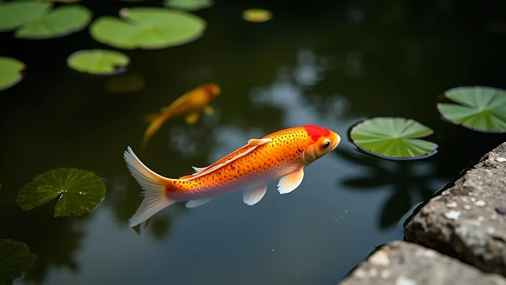 Colorful koi fish swimming in a shallow ornamental pond surrounded by water plants