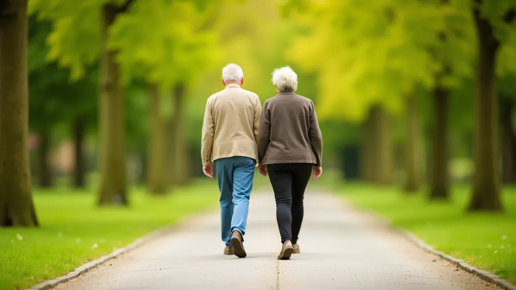 Senior couple walking together on a peaceful garden path, enjoying the scenery