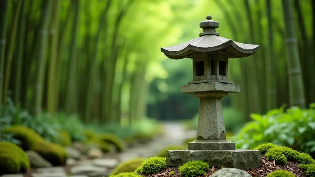 Traditional Japanese stone lantern in a carefully designed garden landscape